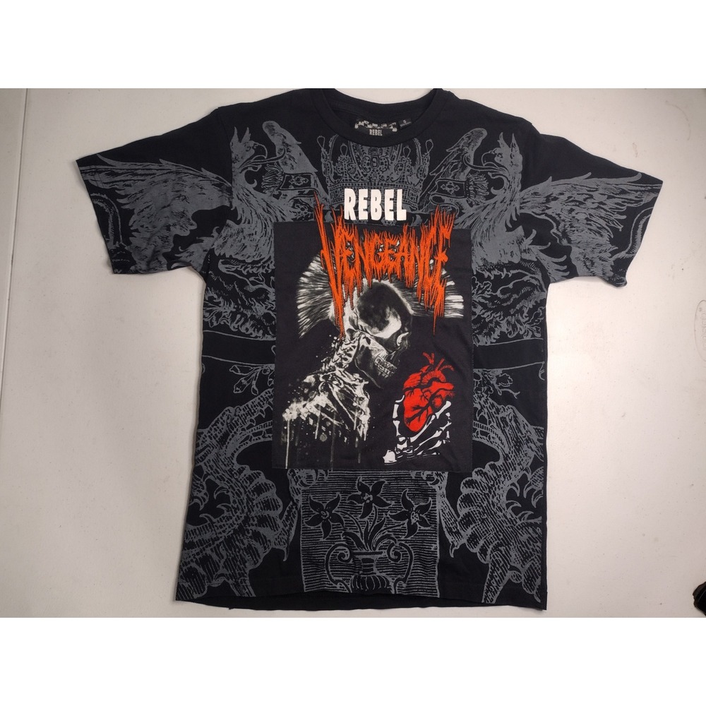 Rebel Vengeance Mens Black Punk Skull Heart‎ Graphic T-Shirt Small